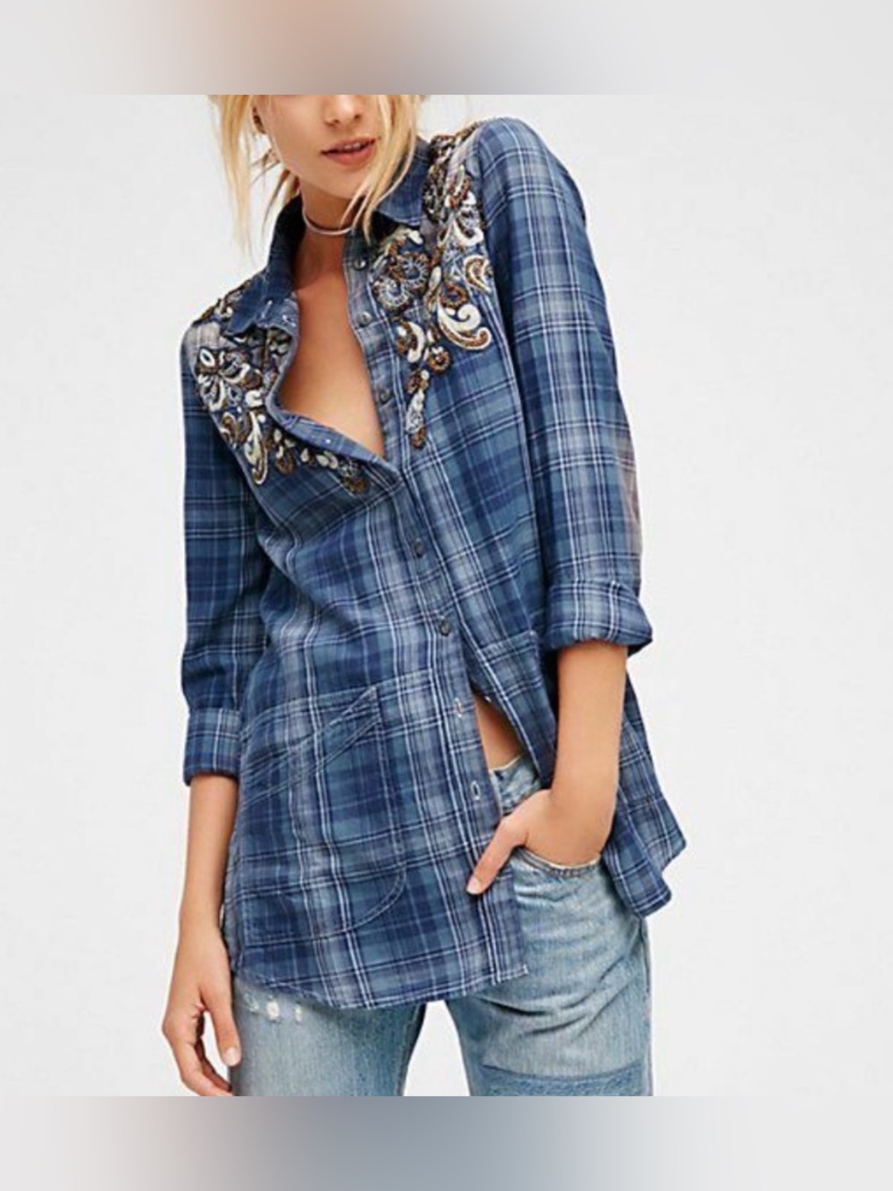 Free People Stevie's Embellished Plaid Buttondown Shirt Jacket Size M